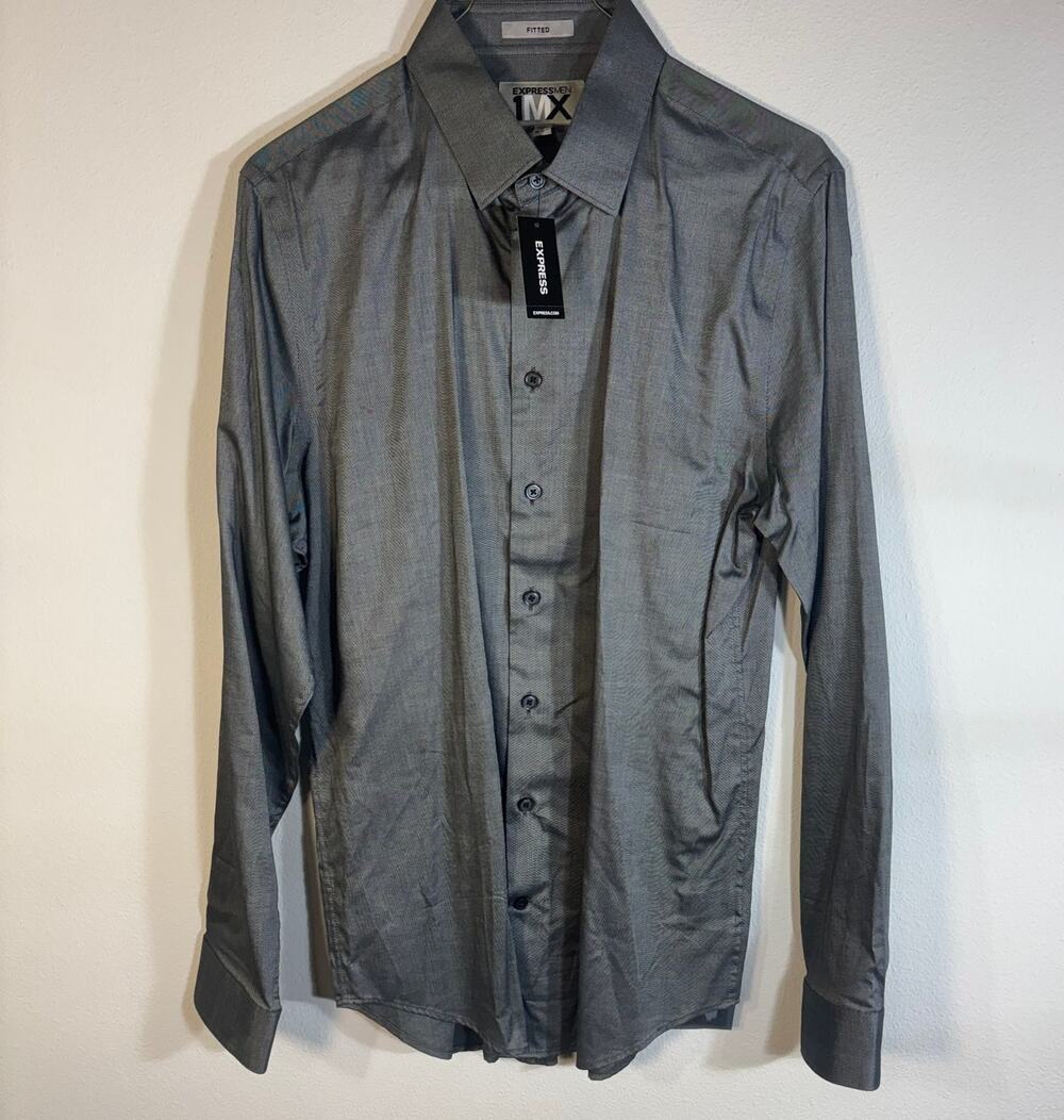 NWT Express Men 1MX Fitted Dress Shirt M 15-15.5 Gray Long Sleeve Button Down